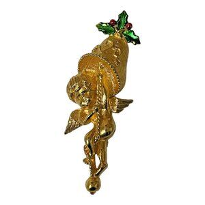 Vintage Corel Christmas Cherub Brooch Pin Holding Bell Umbrella Gold-Tone Rare